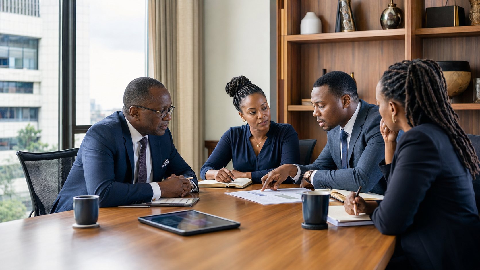 Partners reviewing business-development scorecard and revenue data